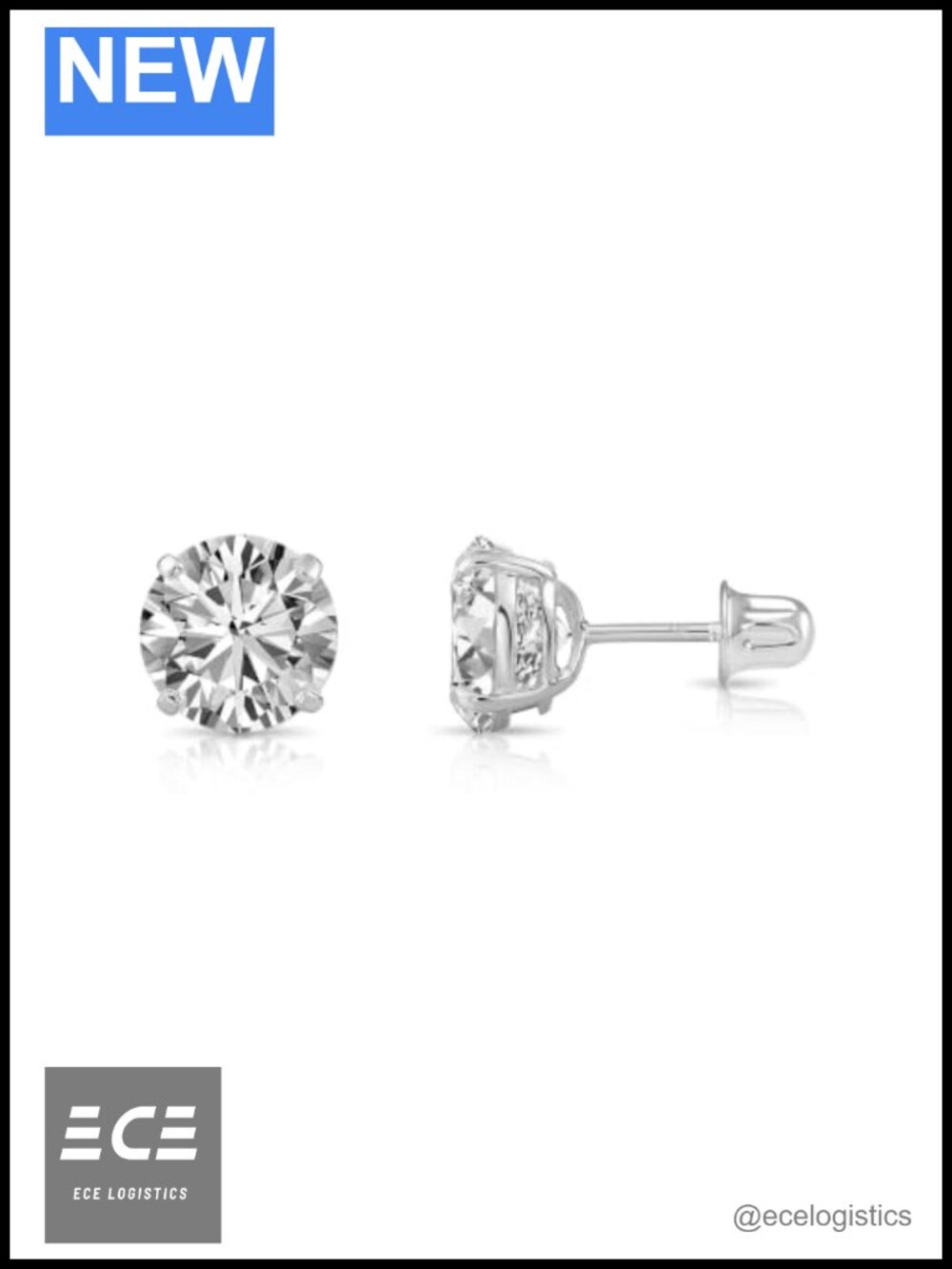 14k White Gold Solitaire Round Cubic Zirconia Screw Back Stud Earrings